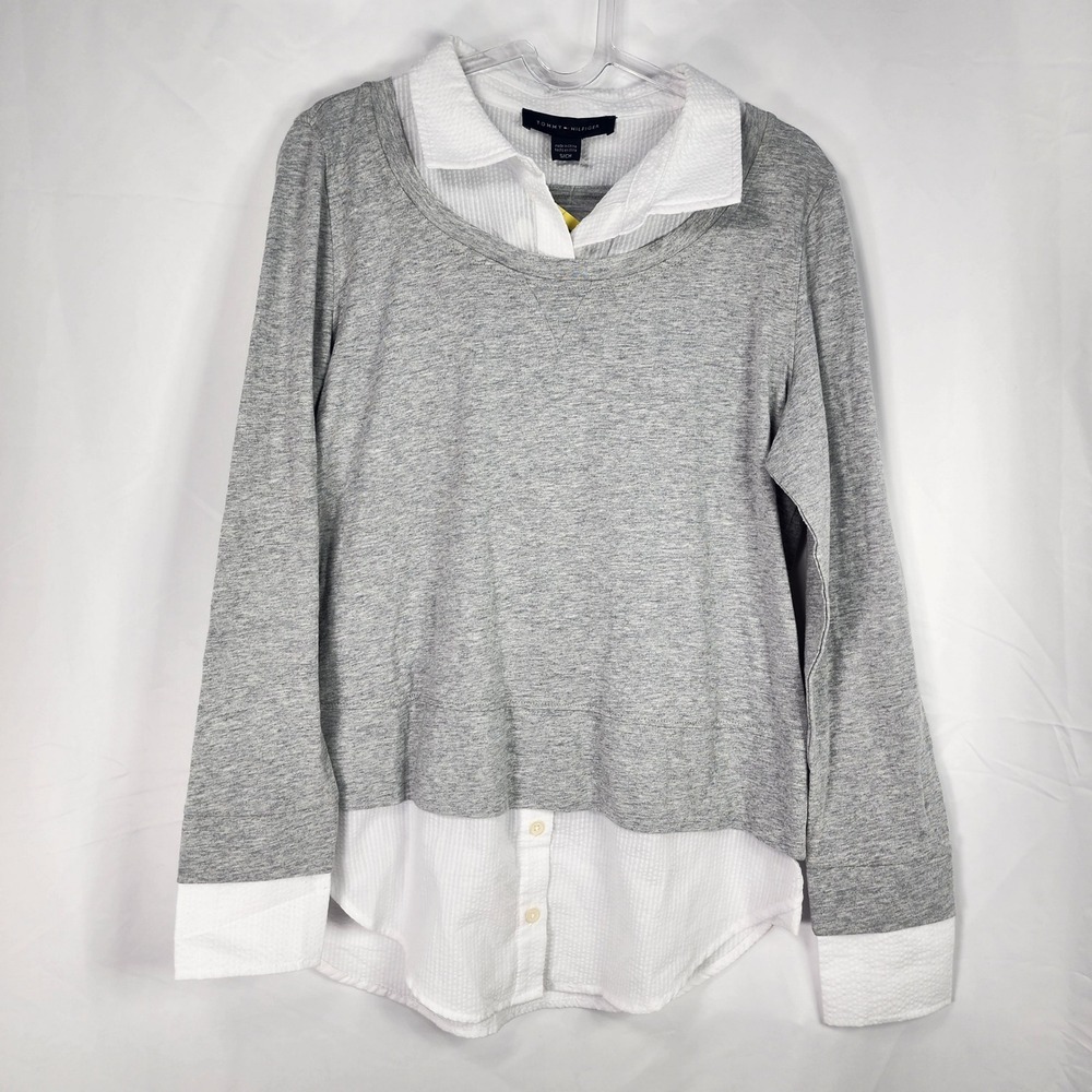 Tommy‎ Hilfiger Layered Look Twofer Knit Top Womens Small Gray White Button Hem
